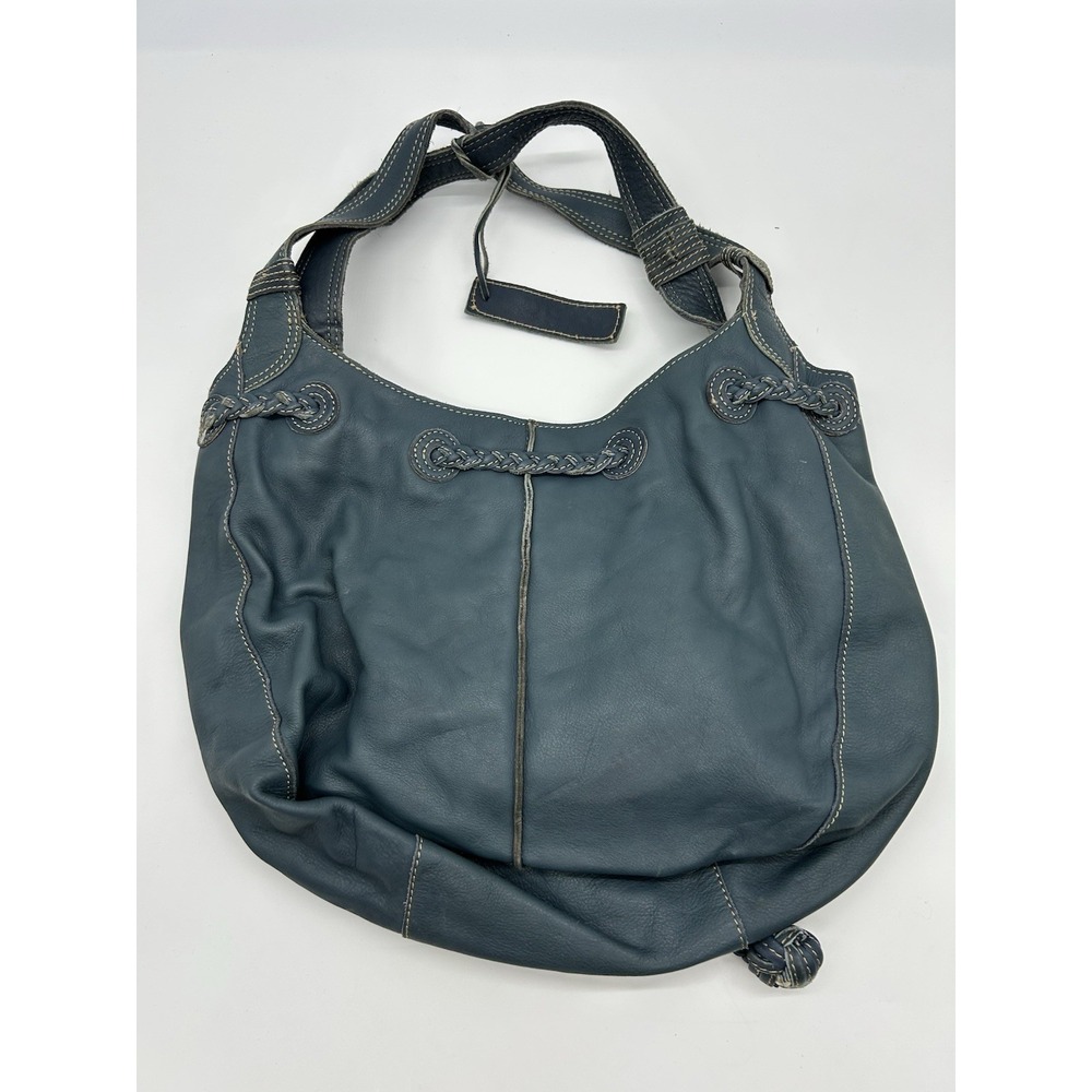 Fossil Blue Leather Shoulder Hobo Bag Purse Dual Handle Drawstring Closure - Picture 2 of 10